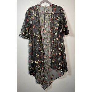 Chenault Sheer Kimono Women M Polyester Black Floral Embroidered Mesh Cardigan